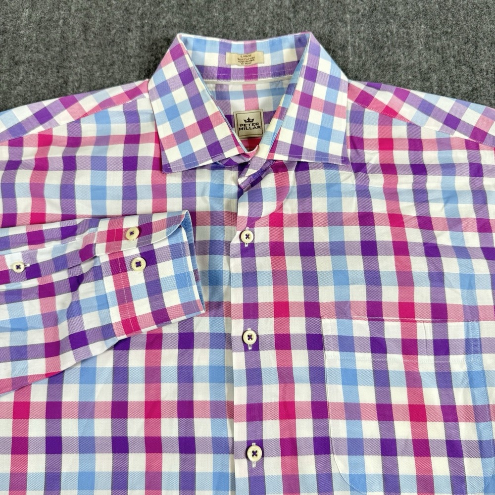 Peter Millar Men's L Pink Purple Blue Plaid Check Cotton Button Down Shirt